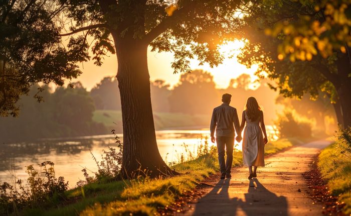 Couple qui se promène au bord de la Sarthe