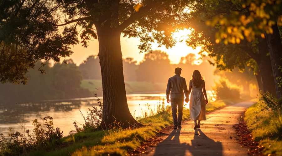 Couple qui se promène au bord de la Sarthe